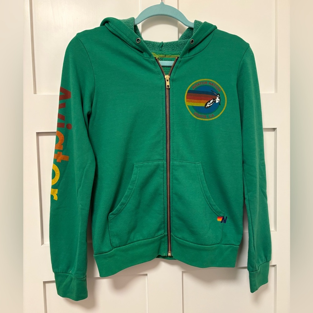 Aviator Nation Green Kids Hoodie with Rainbow Logo